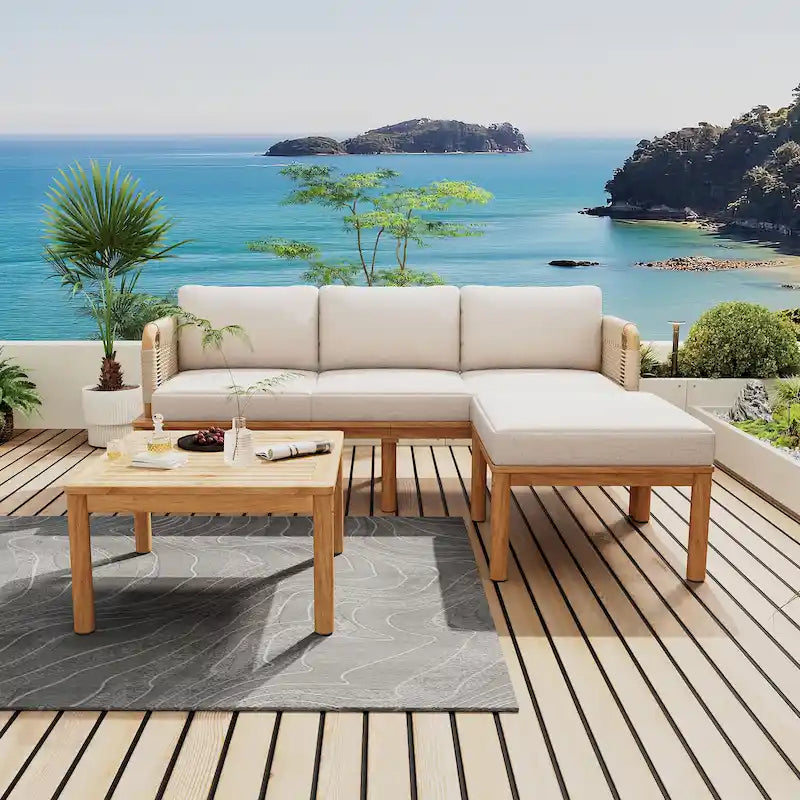 Ensemble de canapés de patio 3 pièces en bois d'acacia et corde pour l'extérieur