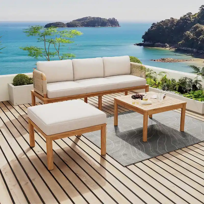 Ensemble de canapés de patio 3 pièces en bois d'acacia et corde pour l'extérieur
