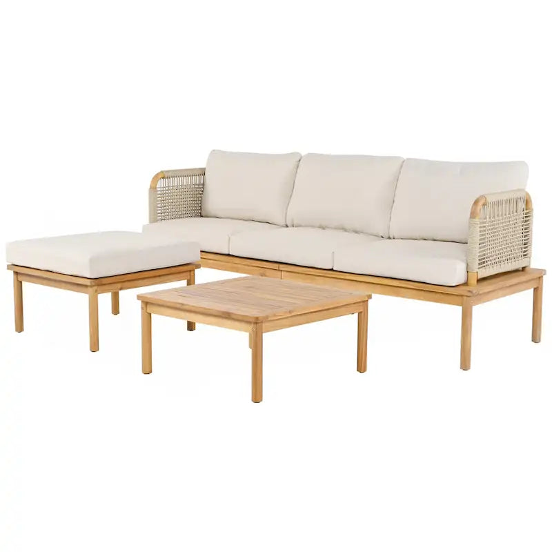 Ensemble de canapés de patio 3 pièces en bois d'acacia et corde pour l'extérieur