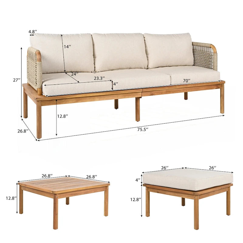 Ensemble de canapés de patio 3 pièces en bois d'acacia et corde pour l'extérieur