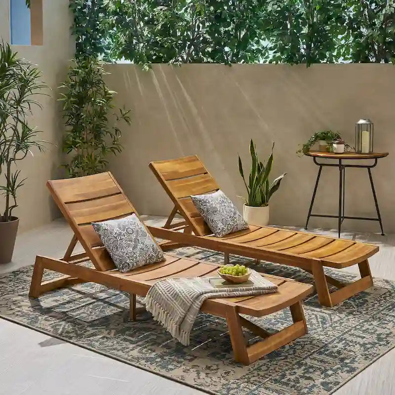 2pc Maki Chaise Lounge Set Yellow Brown Acacia Wood Iron Accent Outdoor Patio Furniture 78in