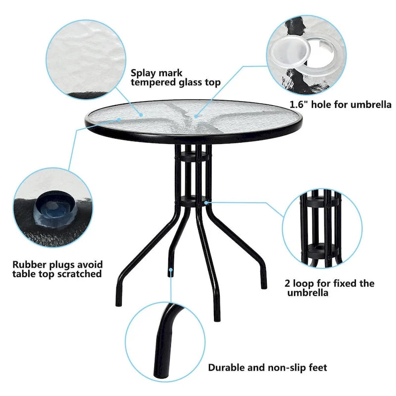 Costway Table Ronde d'Extérieur 32" Plateau en Verre Trempé