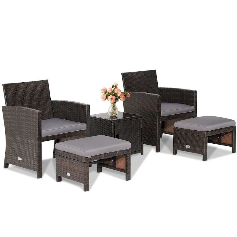 Costway Ensemble de Meubles de Jardin en Rotin 5 Pièces avec Ottoman Rembourré et Housse - Voir Détails
