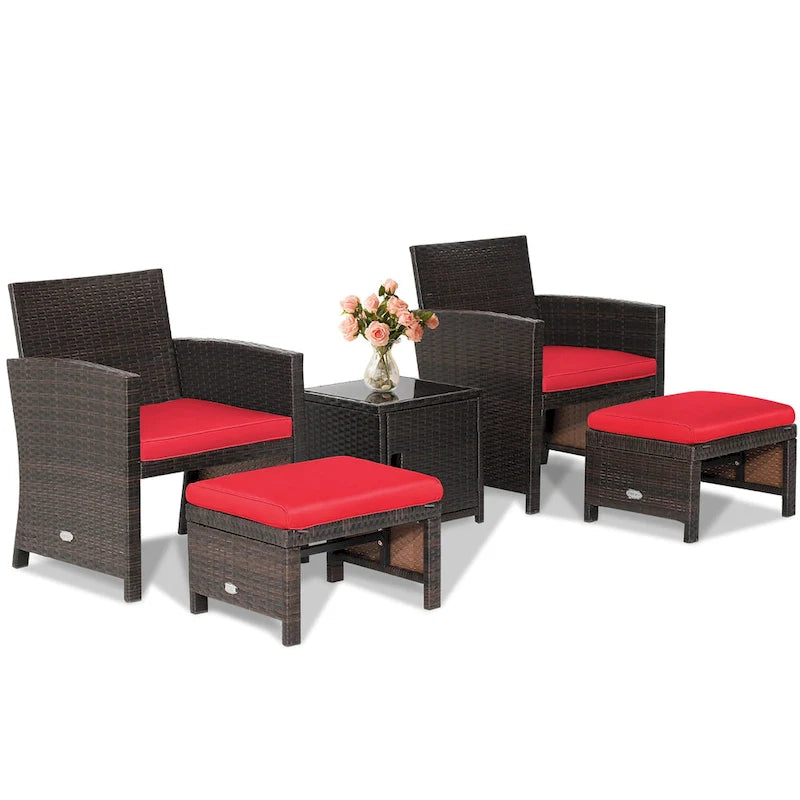 Costway Ensemble de Meubles de Jardin en Rotin 5 Pièces avec Ottoman Rembourré et Housse - Voir Détails