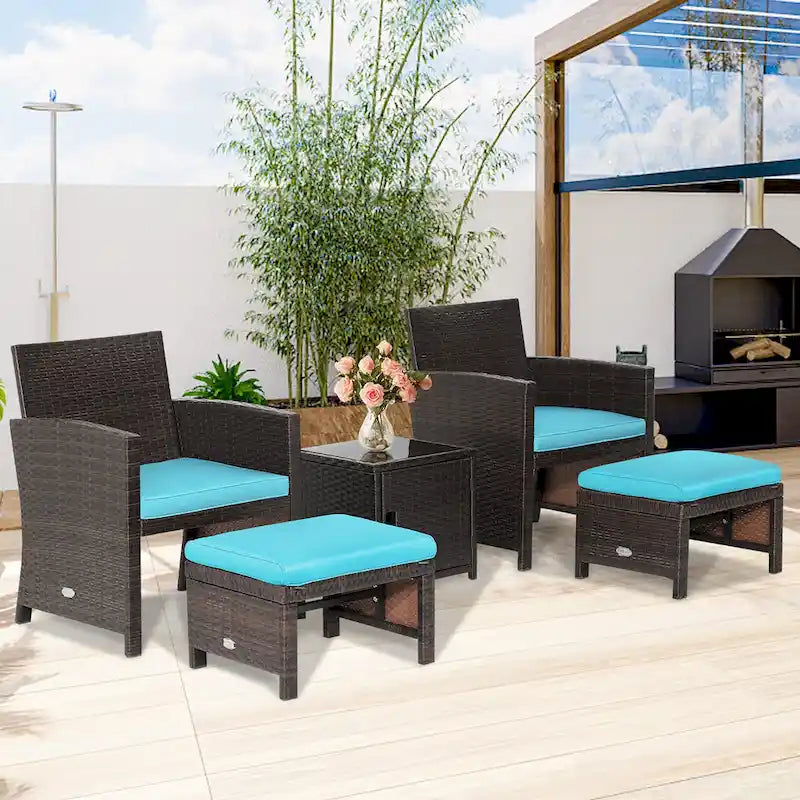 Costway Ensemble de Meubles de Jardin en Rotin 5 Pièces avec Ottoman Rembourré et Housse - Voir Détails