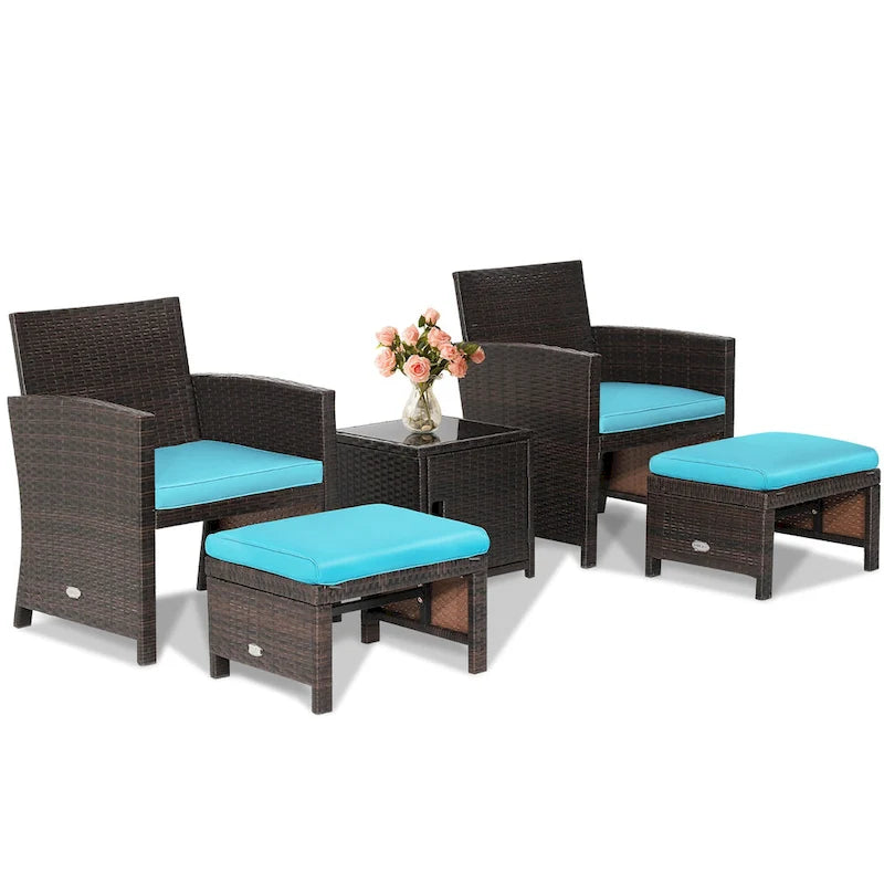 Costway Ensemble de Meubles de Jardin en Rotin 5 Pièces avec Ottoman Rembourré et Housse - Voir Détails