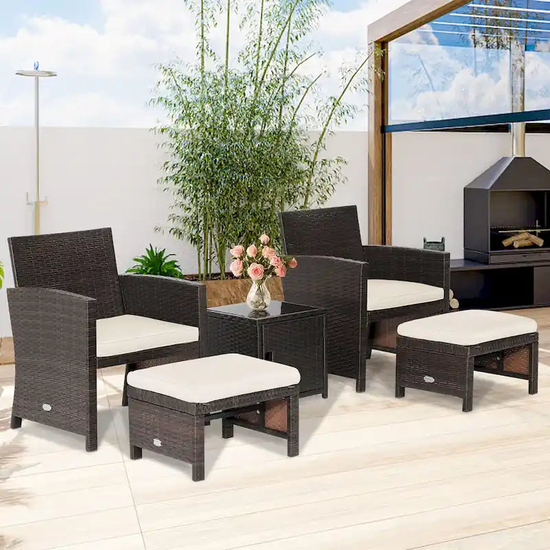 Costway Ensemble de Meubles de Jardin en Rotin 5 Pièces avec Ottoman Rembourré et Housse - Voir Détails