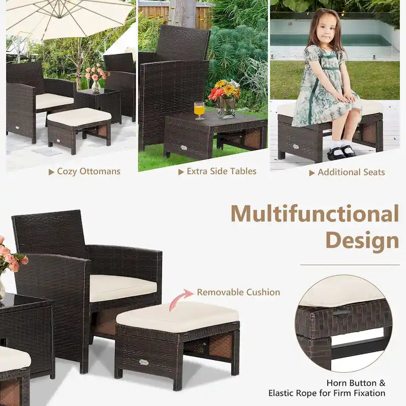 Costway Ensemble de Meubles de Jardin en Rotin 5 Pièces avec Ottoman Rembourré et Housse - Voir Détails