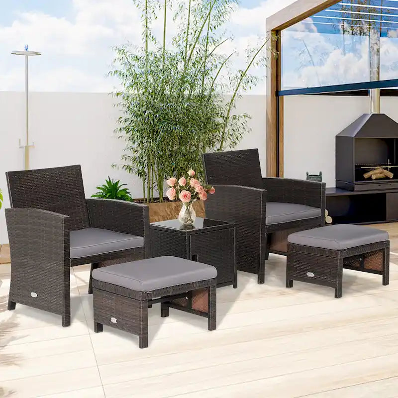 Costway Ensemble de Meubles de Jardin en Rotin 5 Pièces avec Ottoman Rembourré et Housse - Voir Détails