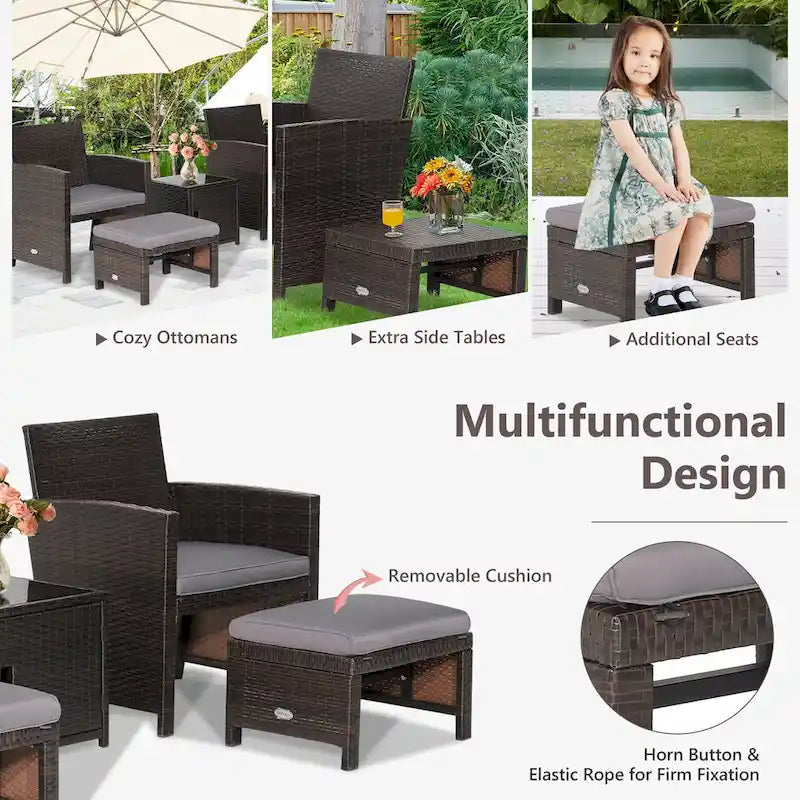 Costway Ensemble de Meubles de Jardin en Rotin 5 Pièces avec Ottoman Rembourré et Housse - Voir Détails