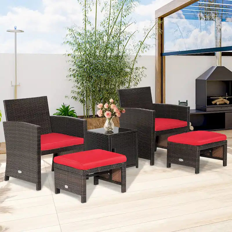 Costway Ensemble de Meubles de Jardin en Rotin 5 Pièces avec Ottoman Rembourré et Housse - Voir Détails