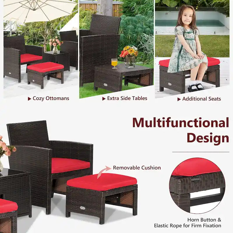 Costway Ensemble de Meubles de Jardin en Rotin 5 Pièces avec Ottoman Rembourré et Housse - Voir Détails