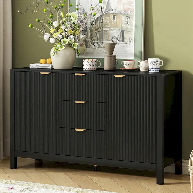 Meuble d'entrée avec motif ondulé - 3 étagères réglables, 3 tiroirs et portes fermées, console de rangement avec poignée en métal