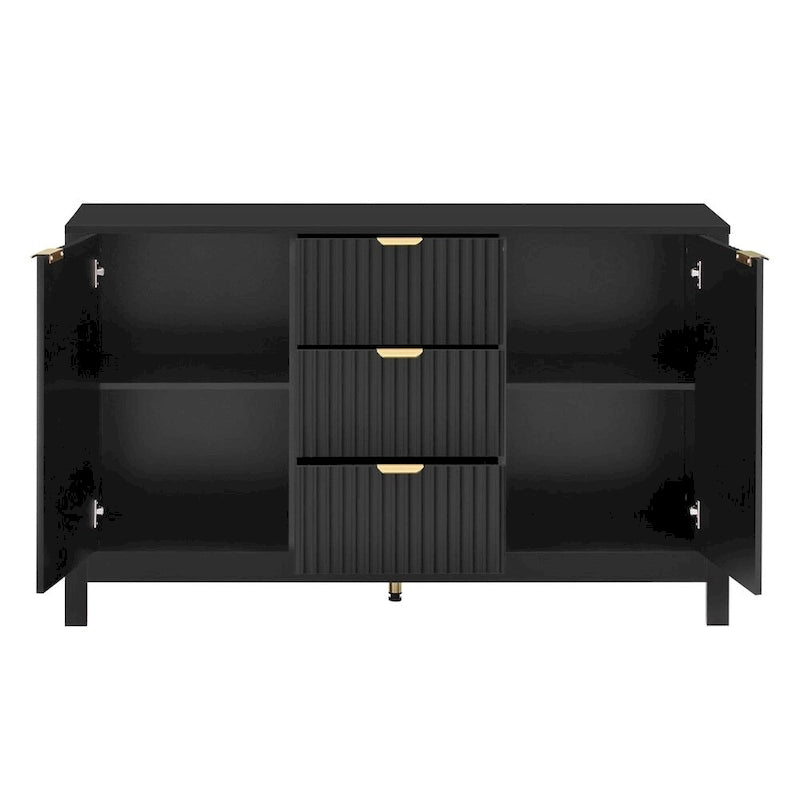 Meuble d'entrée avec motif ondulé - 3 étagères réglables, 3 tiroirs et portes fermées, console de rangement avec poignée en métal
