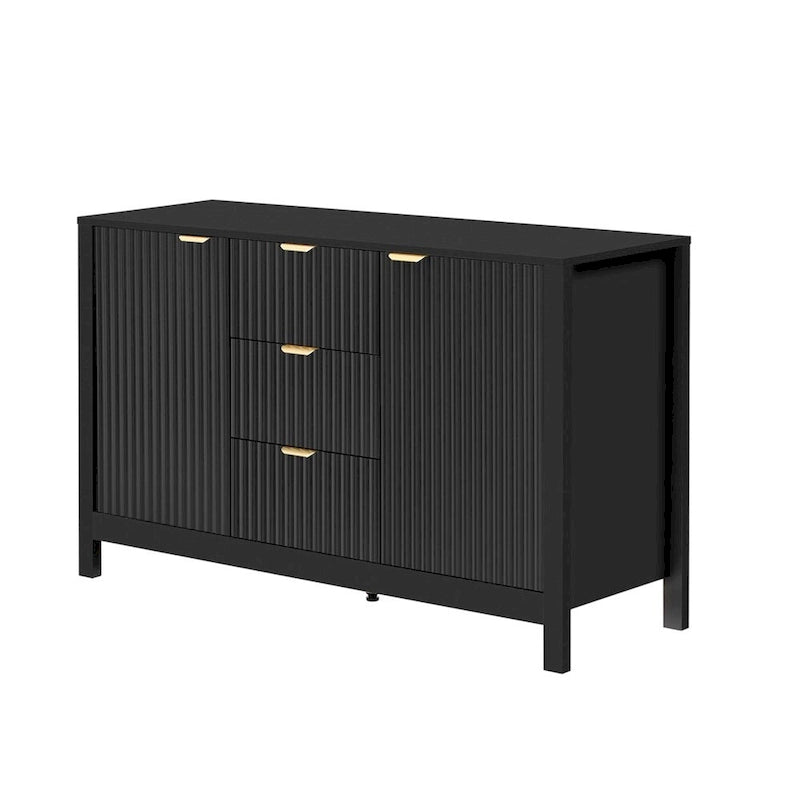 Meuble d'entrée avec motif ondulé - 3 étagères réglables, 3 tiroirs et portes fermées, console de rangement avec poignée en métal