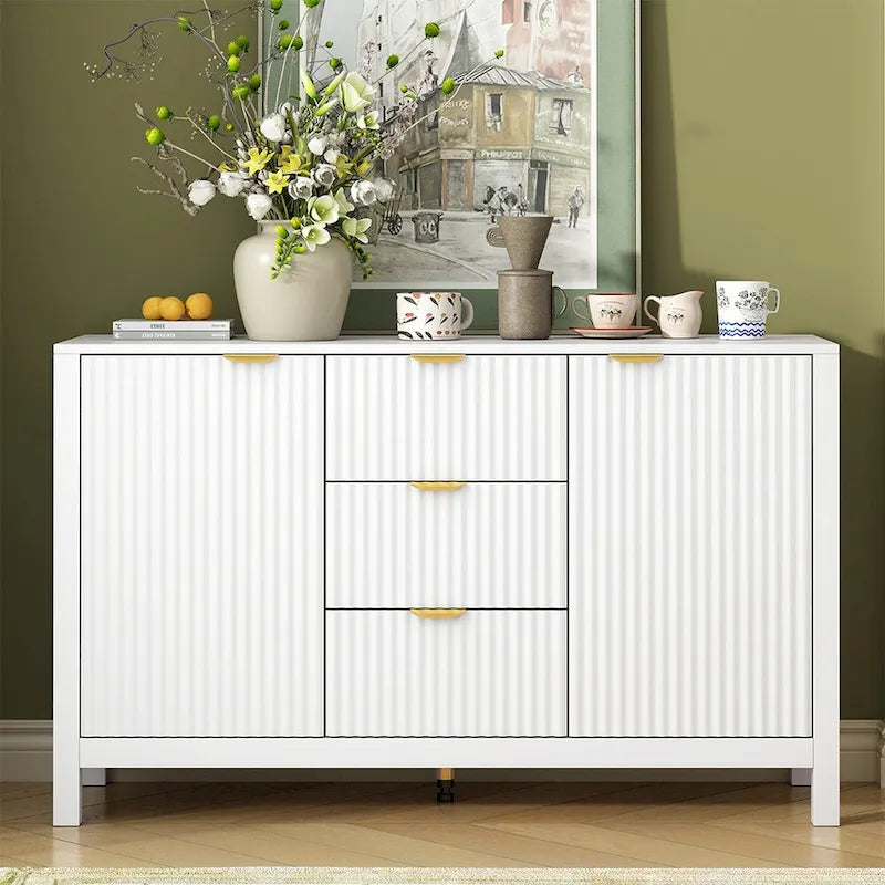Meuble d'entrée avec motif ondulé - 3 étagères réglables, 3 tiroirs et portes fermées, console de rangement avec poignée en métal