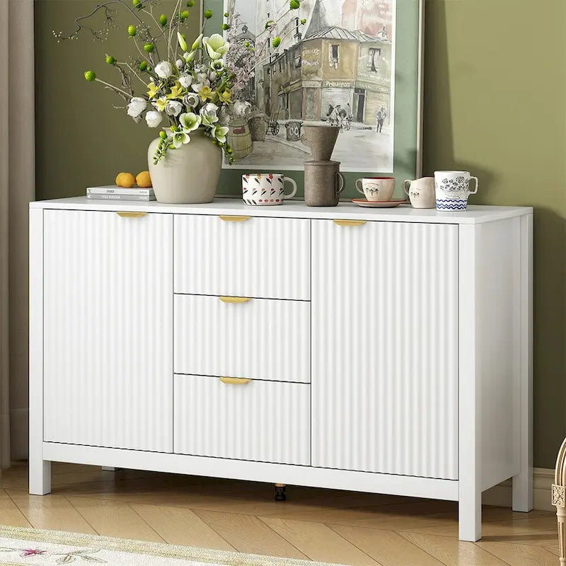 Meuble d'entrée avec motif ondulé - 3 étagères réglables, 3 tiroirs et portes fermées, console de rangement avec poignée en métal