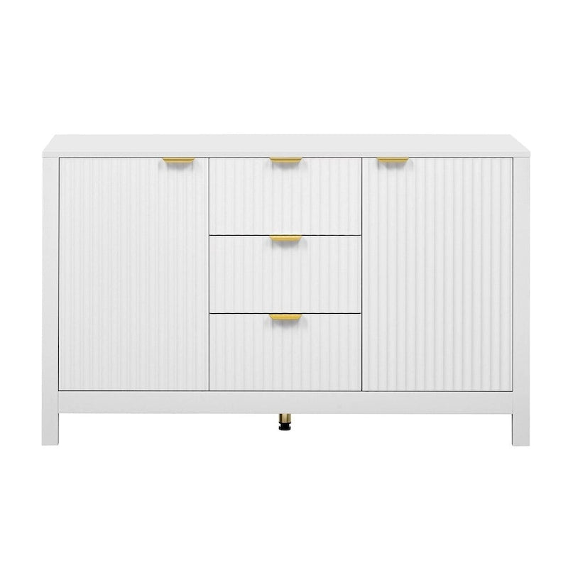 Meuble d'entrée avec motif ondulé - 3 étagères réglables, 3 tiroirs et portes fermées, console de rangement avec poignée en métal