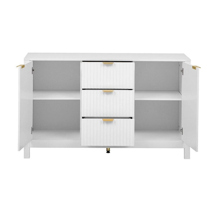 Meuble d'entrée avec motif ondulé - 3 étagères réglables, 3 tiroirs et portes fermées, console de rangement avec poignée en métal