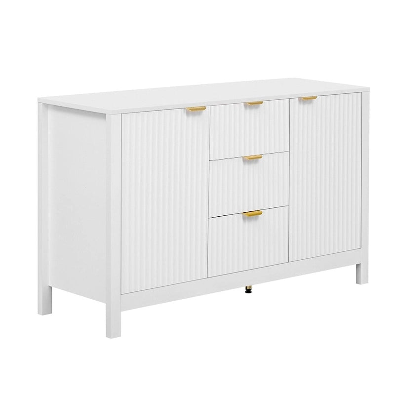 Meuble d'entrée avec motif ondulé - 3 étagères réglables, 3 tiroirs et portes fermées, console de rangement avec poignée en métal