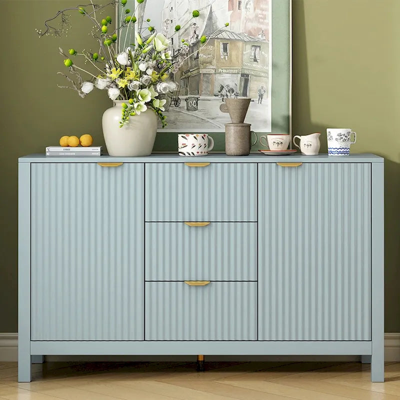 Meuble d'entrée avec motif ondulé - 3 étagères réglables, 3 tiroirs et portes fermées, console de rangement avec poignée en métal