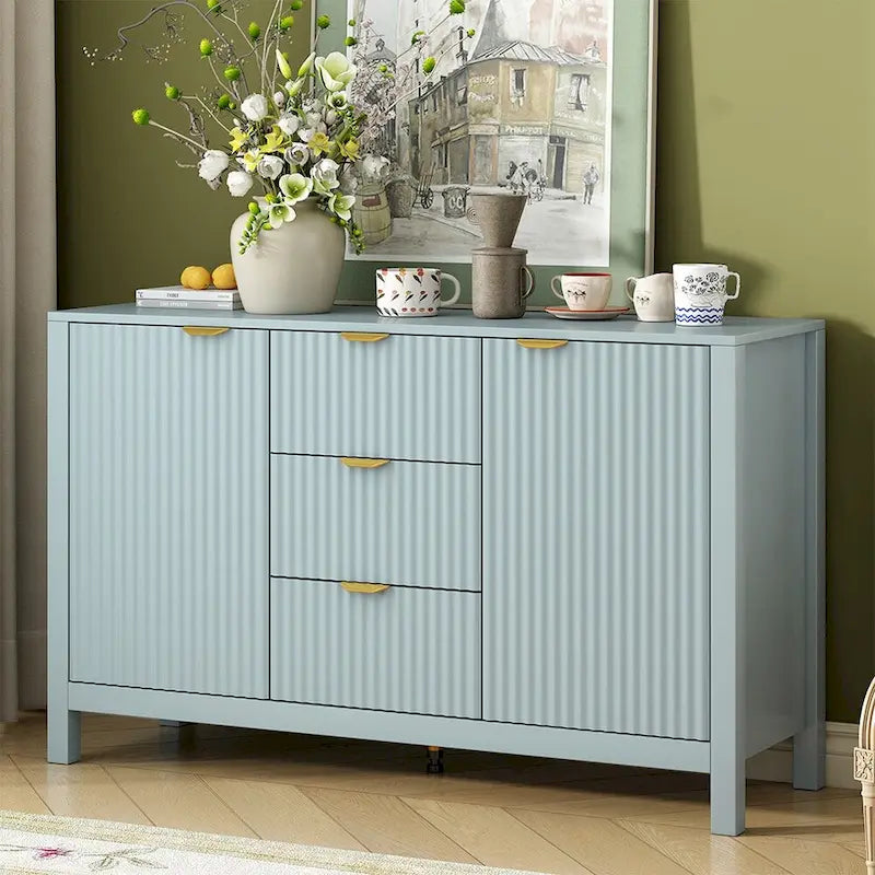 Meuble d'entrée avec motif ondulé - 3 étagères réglables, 3 tiroirs et portes fermées, console de rangement avec poignée en métal