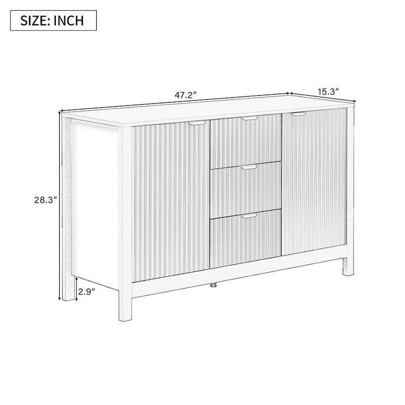 Meuble d'entrée avec motif ondulé - 3 étagères réglables, 3 tiroirs et portes fermées, console de rangement avec poignée en métal