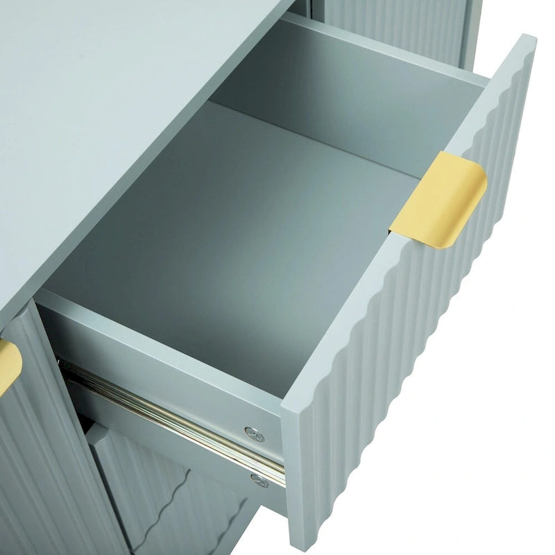 Meuble d'entrée avec motif ondulé - 3 étagères réglables, 3 tiroirs et portes fermées, console de rangement avec poignée en métal