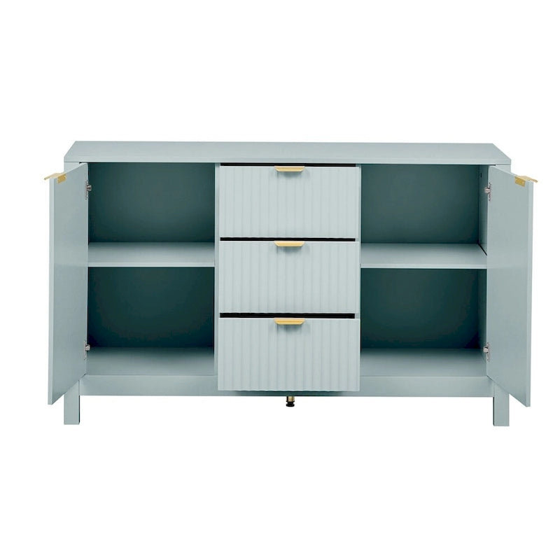 Meuble d'entrée avec motif ondulé - 3 étagères réglables, 3 tiroirs et portes fermées, console de rangement avec poignée en métal