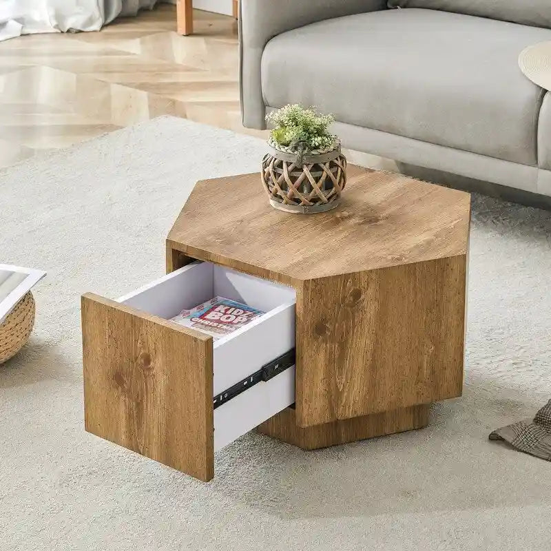 Table Basse Hexagonale en MDF avec Tiroirs Design Simple et Pratique, Fabriquée à partir de Matériaux de Haute Qualité pour une Fonctionnalité Élégante