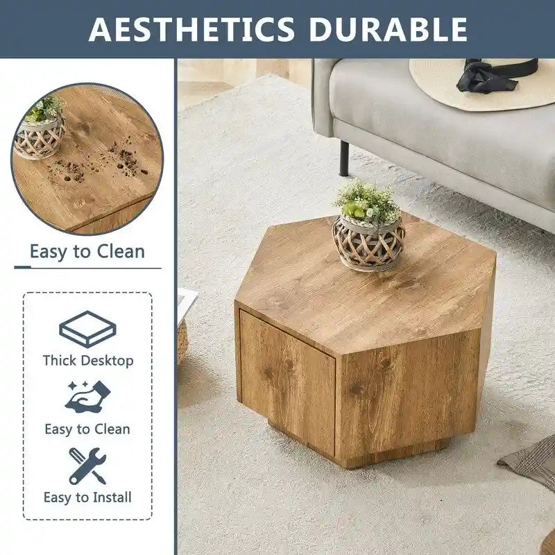 Table Basse Hexagonale en MDF avec Tiroirs Design Simple et Pratique, Fabriquée à partir de Matériaux de Haute Qualité pour une Fonctionnalité Élégante