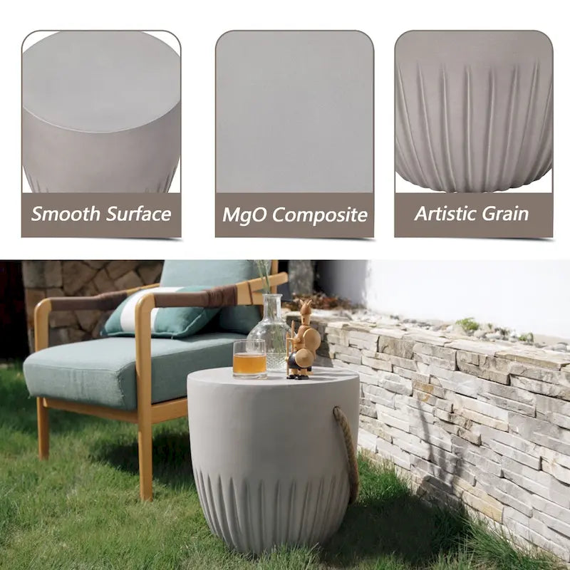 Table d'appoint extérieure légère en béton avec poignées en corde de chanvre