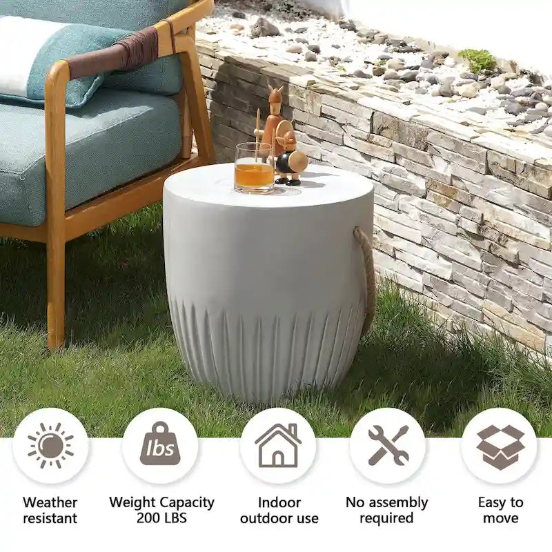 Table d'appoint extérieure légère en béton avec poignées en corde de chanvre