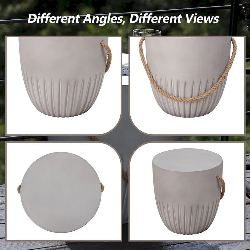 Table d'appoint extérieure légère en béton avec poignées en corde de chanvre