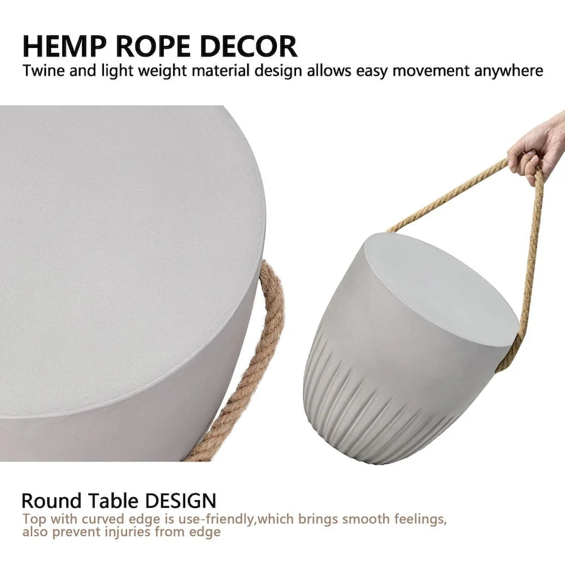 Table d'appoint extérieure légère en béton avec poignées en corde de chanvre