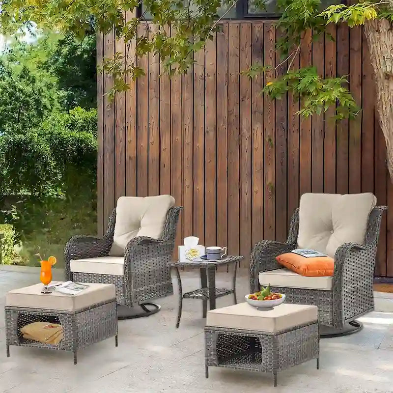 5 Piece Patio Furniture Set-Wicker Patio Swivel Chair Set with Ottoman