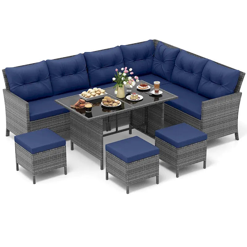 Gymax Set of 7 Dining Furniture Set PE Rattan Sectional Sofa Set Patio