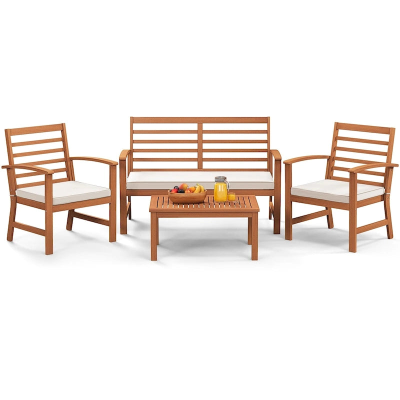 Gymax Ensemble de 4 meubles d'extérieur avec coussins d'assise doux en acacia stable