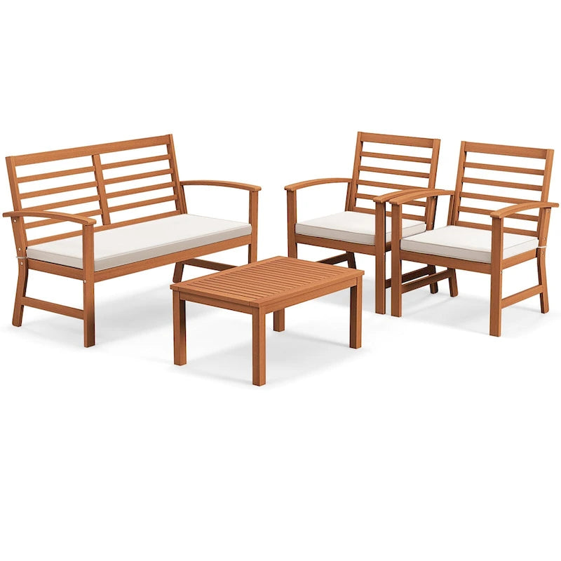 Gymax Ensemble de 4 meubles d'extérieur avec coussins d'assise doux en acacia stable