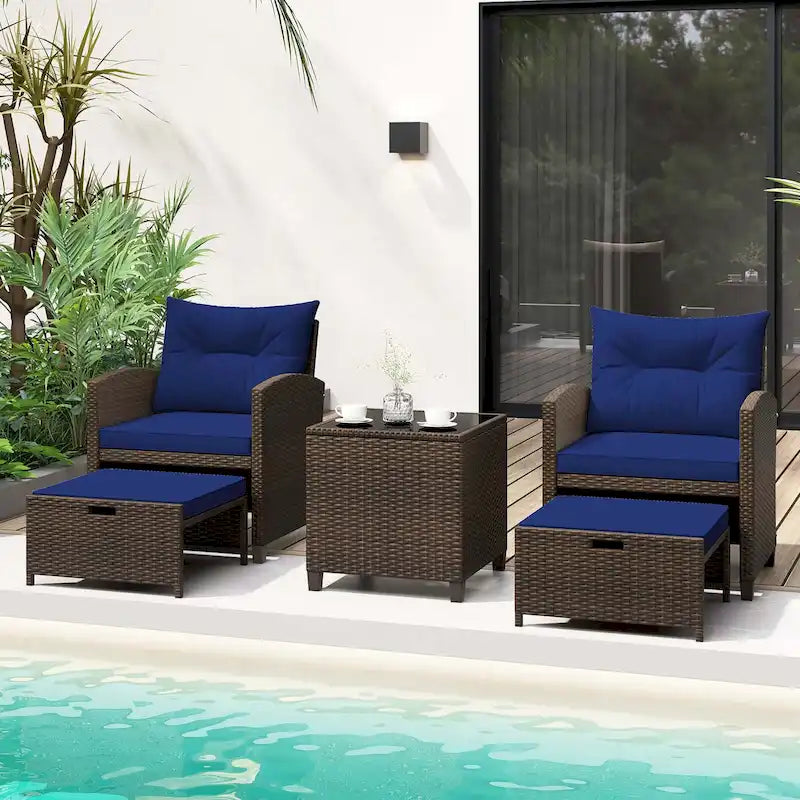 Costway, ensemble de mobilier de patio en rotin 5 pièces avec 2 poufs et verre trempé - Voir les détails