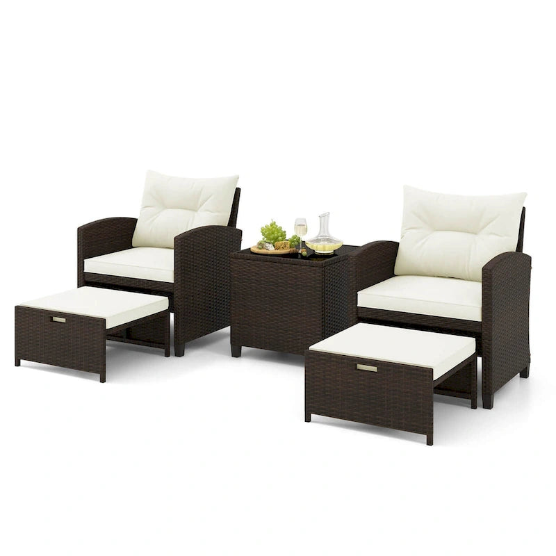 Costway, ensemble de mobilier de patio en rotin 5 pièces avec 2 poufs et verre trempé - Voir les détails