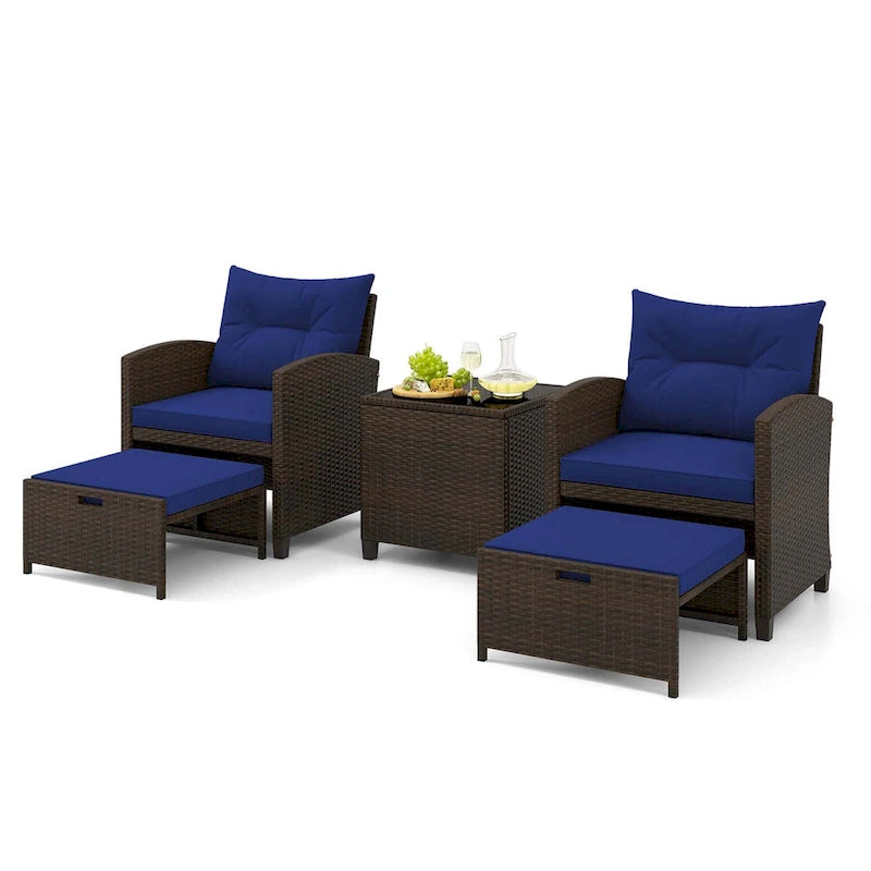Costway, ensemble de mobilier de patio en rotin 5 pièces avec 2 poufs et verre trempé - Voir les détails