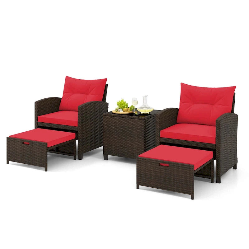 Costway, ensemble de mobilier de patio en rotin 5 pièces avec 2 poufs et verre trempé - Voir les détails