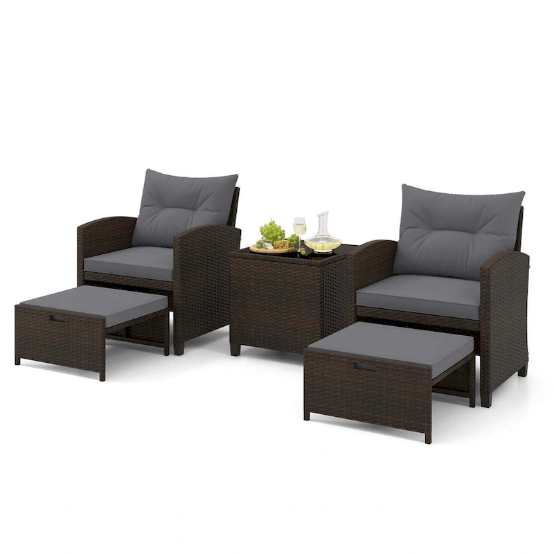 Costway, ensemble de mobilier de patio en rotin 5 pièces avec 2 poufs et verre trempé - Voir les détails
