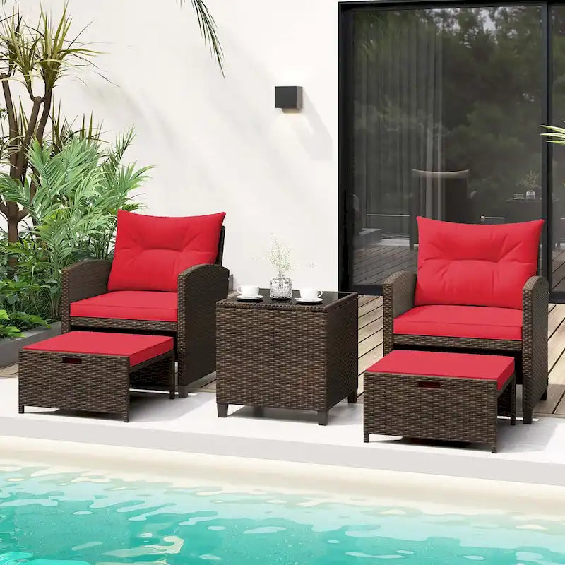 Costway, ensemble de mobilier de patio en rotin 5 pièces avec 2 poufs et verre trempé - Voir les détails