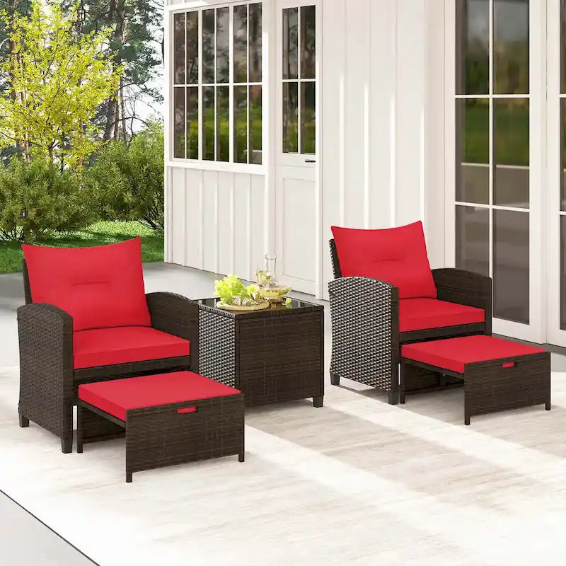 Costway, ensemble de mobilier de patio en rotin 5 pièces avec 2 poufs et verre trempé - Voir les détails