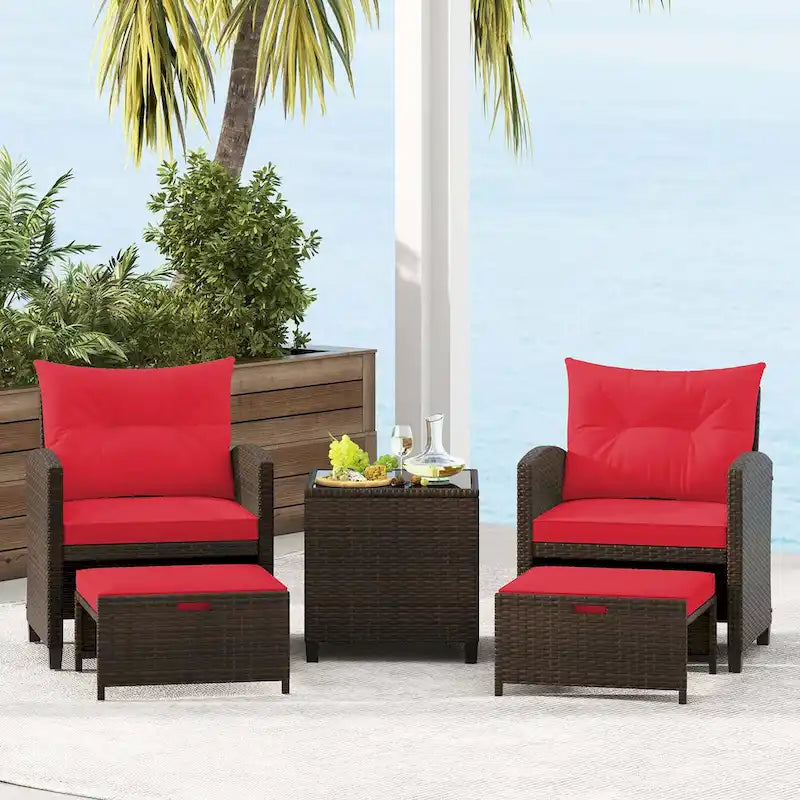 Costway, ensemble de mobilier de patio en rotin 5 pièces avec 2 poufs et verre trempé - Voir les détails