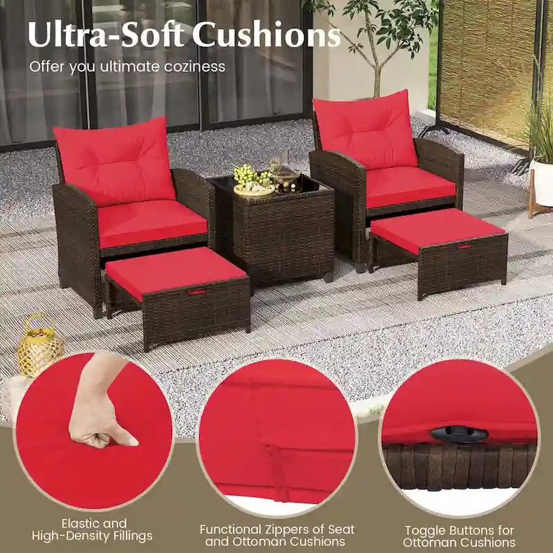 Costway, ensemble de mobilier de patio en rotin 5 pièces avec 2 poufs et verre trempé - Voir les détails