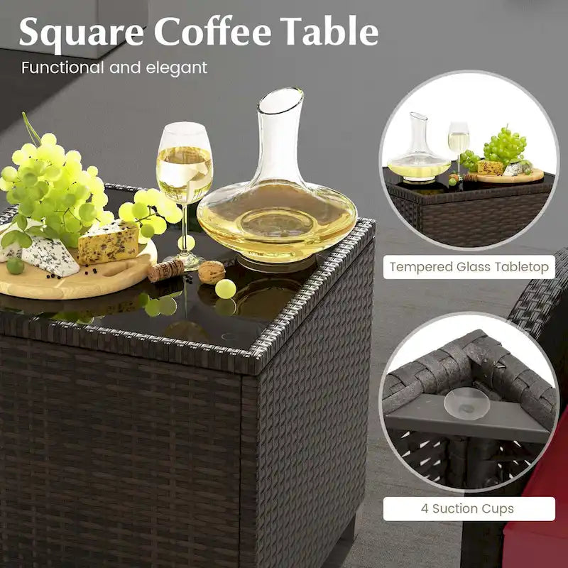 Costway, ensemble de mobilier de patio en rotin 5 pièces avec 2 poufs et verre trempé - Voir les détails