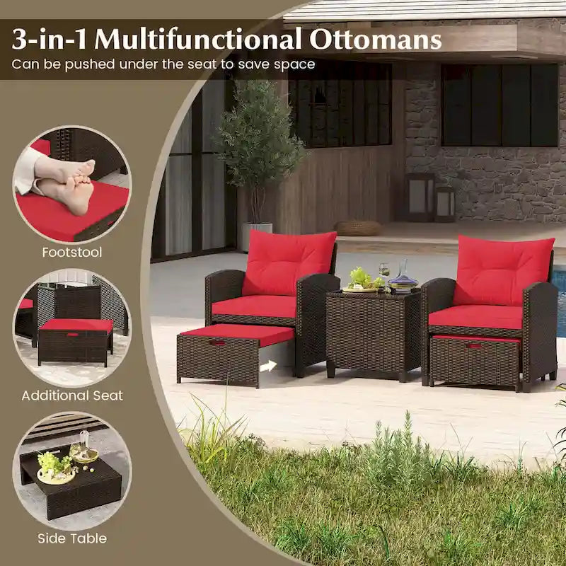 Costway, ensemble de mobilier de patio en rotin 5 pièces avec 2 poufs et verre trempé - Voir les détails